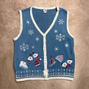 Holiday Editions Ice Skating Snowflake Embroidered Knit Sweater Vest Christmas